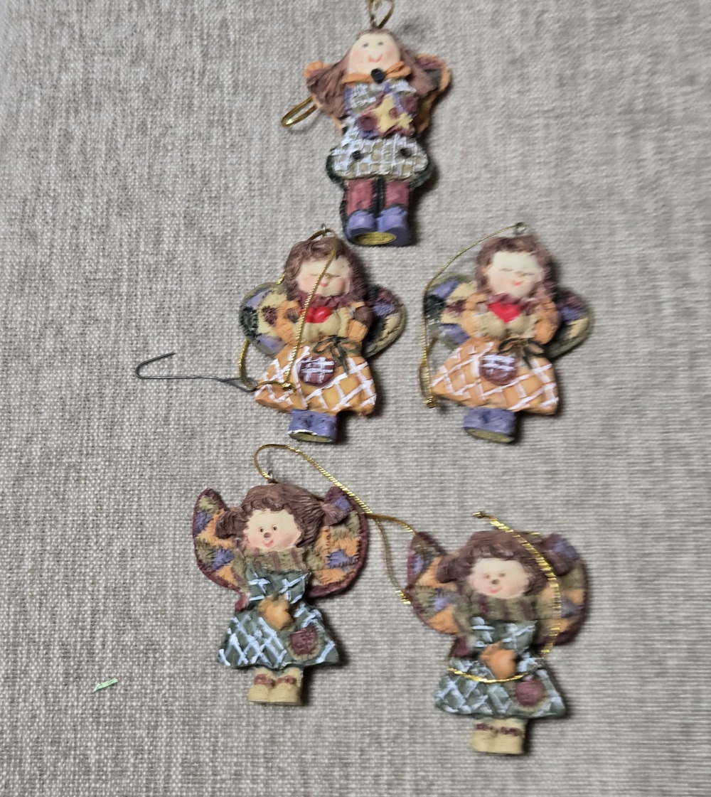 1990's Vintage Angel Ornaments Set of 5 - 2.5" in Height with Gold Cord Strings